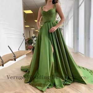 Green Satin A Line Long Prom Dresses